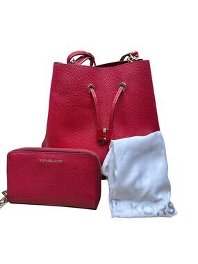 Michael Kors Red Pebbled Leather Bucket Bag Purse Wallet Set Dust Bag Gift NEW